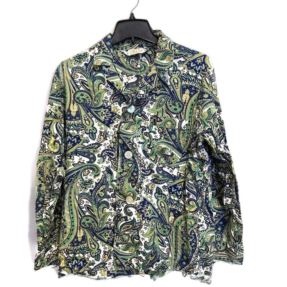 Women's Medium (8) Vintage Weldon Blouse Green Paisley Blue Top Button Front